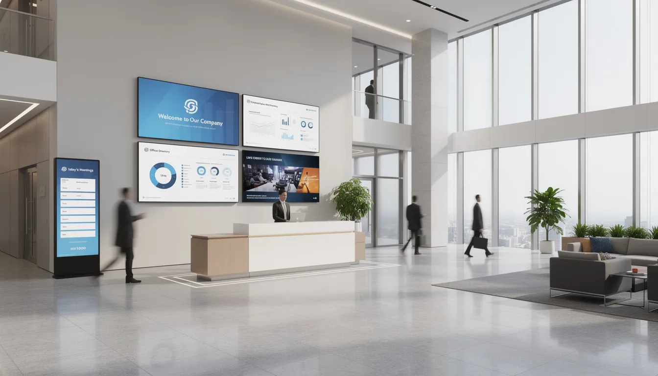 The image depicts a modern corporate lobby featuring sleek design elements and digital displays that showcase important company information. This space emphasizes effective communication and collaboration, highlighting the role of enterprise communication tools in enhancing employee engagement and streamlining workflows.