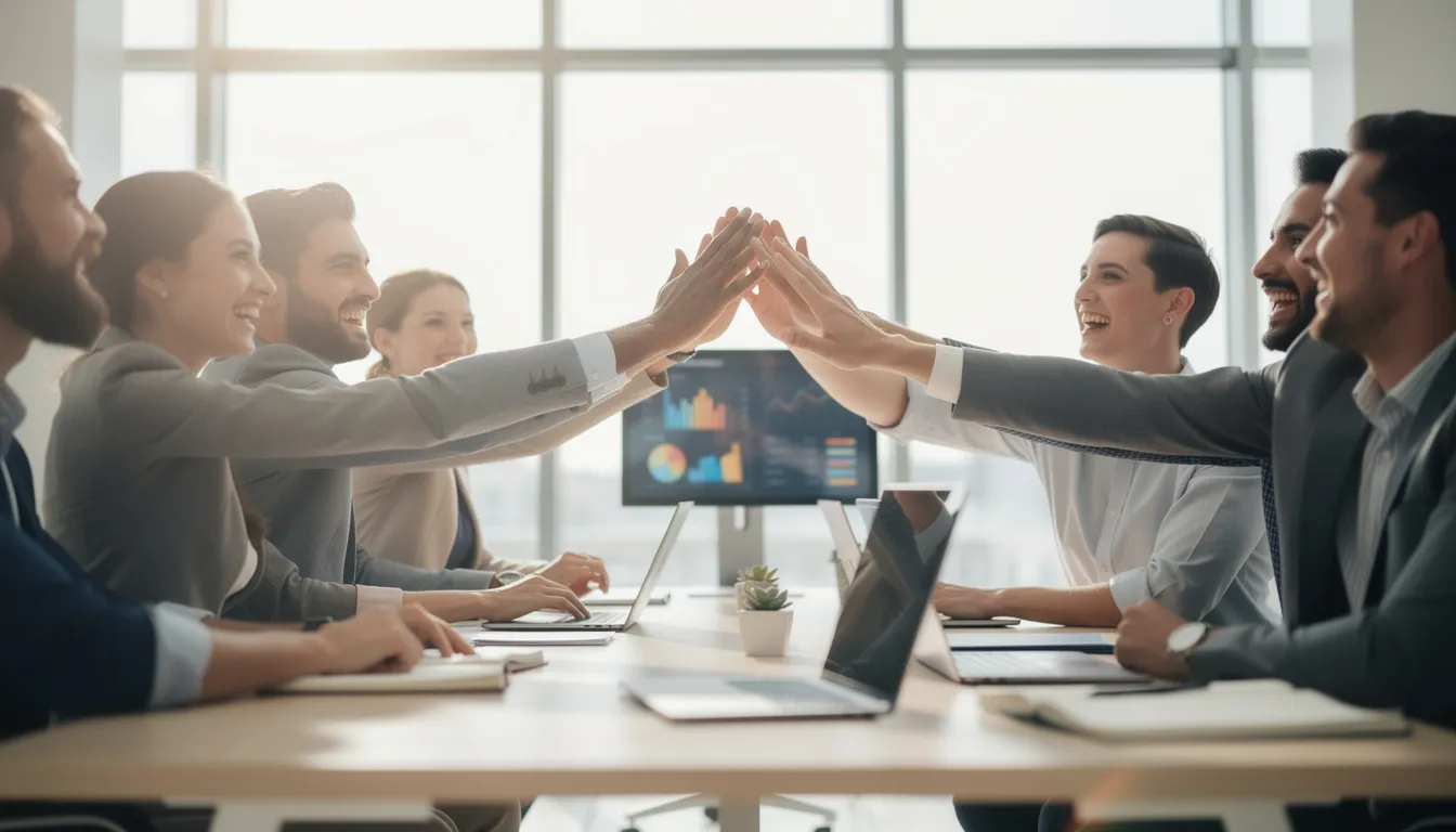 A group of coworkers joyfully high-fives and celebrates together in a bright office space, showcasing a positive company culture and high employee engagement. Their enthusiastic interaction reflects effective communication and collaboration, contributing to a productive work environment where employees feel valued.