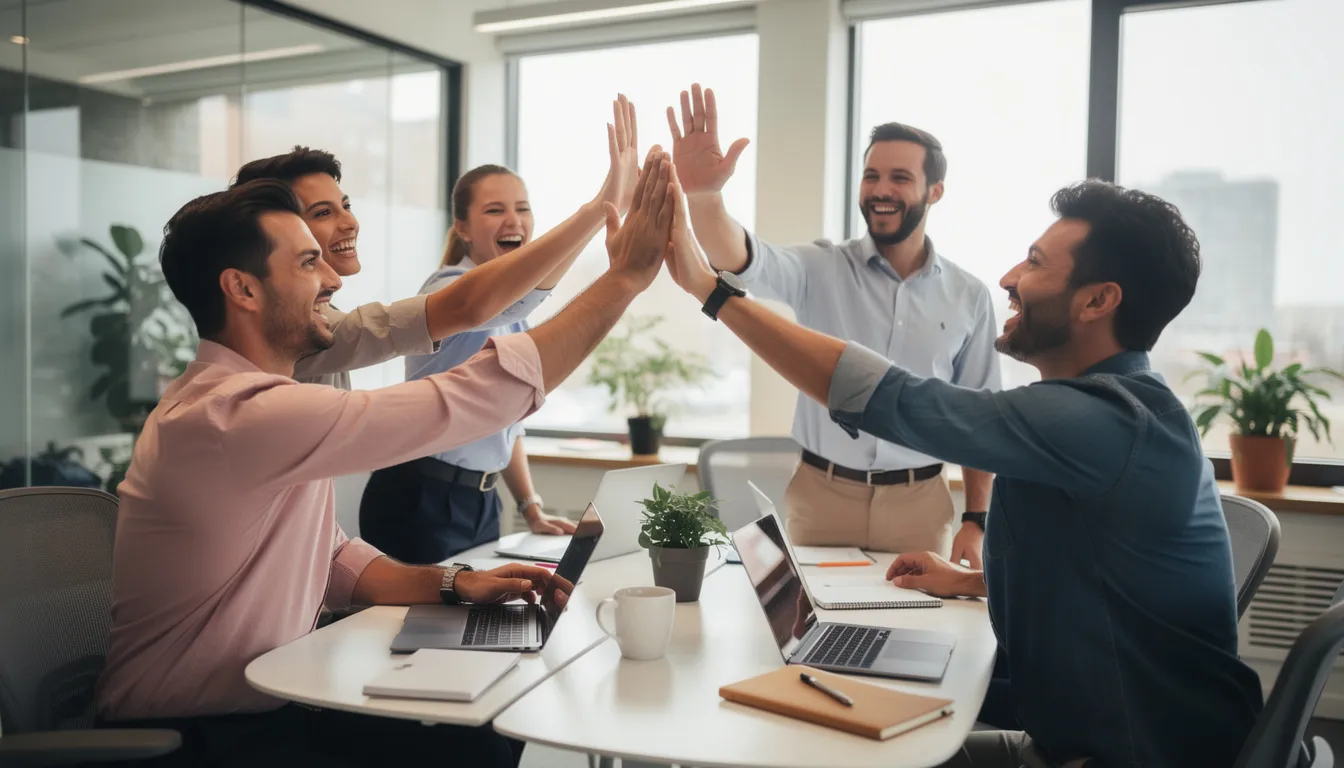 A diverse team of employees is joyfully celebrating their success in an open office environment, exchanging high-fives and smiles. This moment reflects a positive workplace culture and highlights the importance of employee engagement in driving business success.