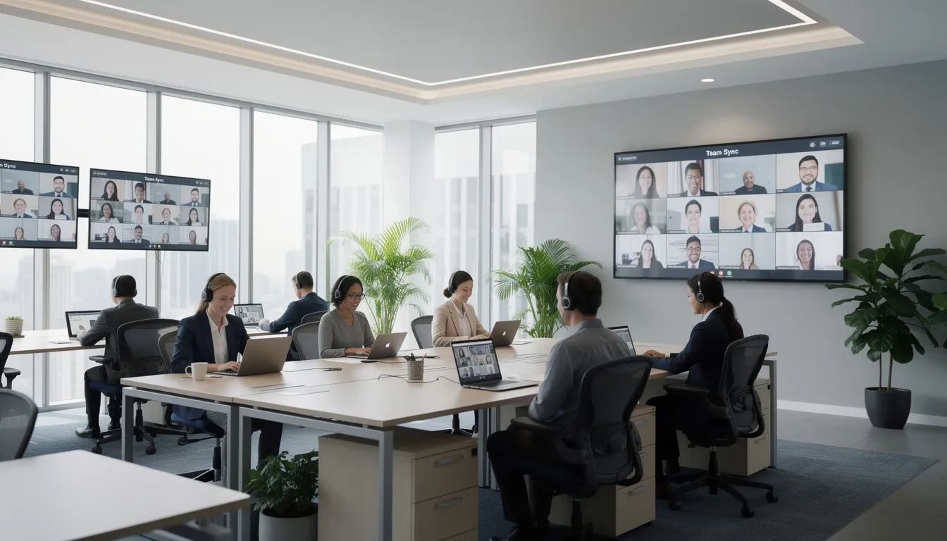 The image depicts a modern open office space where employees are engaged in work on their laptops, with video conference screens displaying virtual meetings in the background. This setting highlights the use of enterprise communication tools and unified communications solutions to enhance collaboration and streamline workflows among team members.