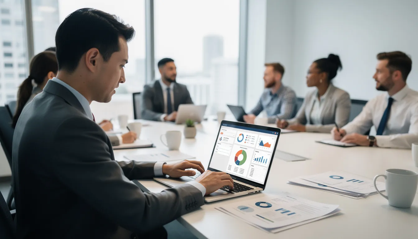 An HR professional is focused on reviewing data displayed on a laptop screen during a team meeting, utilizing employee engagement software to analyze employee feedback and engagement metrics. This scene emphasizes the importance of actionable insights for improving employee satisfaction and fostering a positive workplace culture.