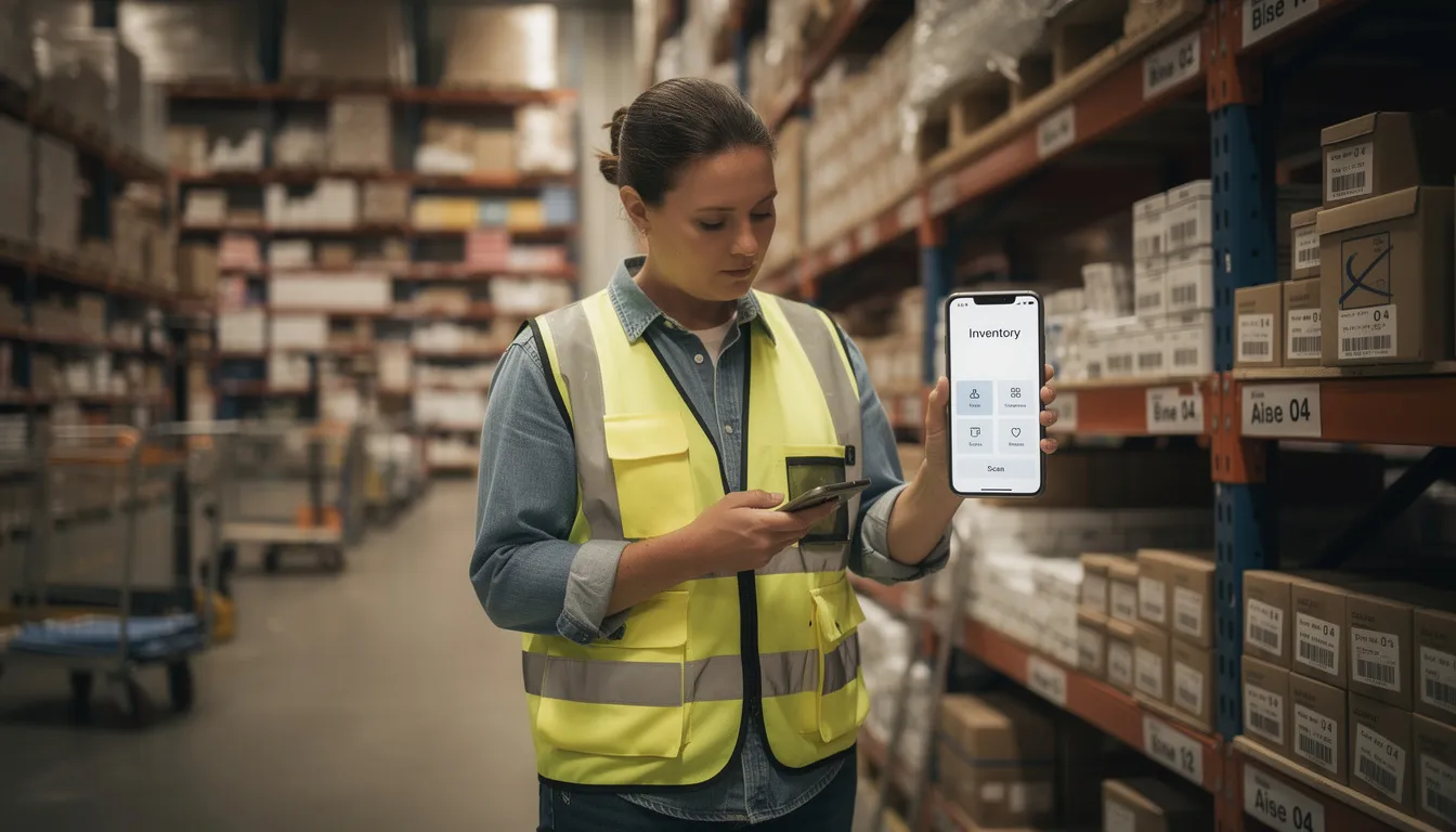 The image shows a person in a warehouse environment, focused on using a smartphone app designed for employee engagement. This app likely provides employee feedback tools and actionable insights to enhance workplace satisfaction and improve employee experience.