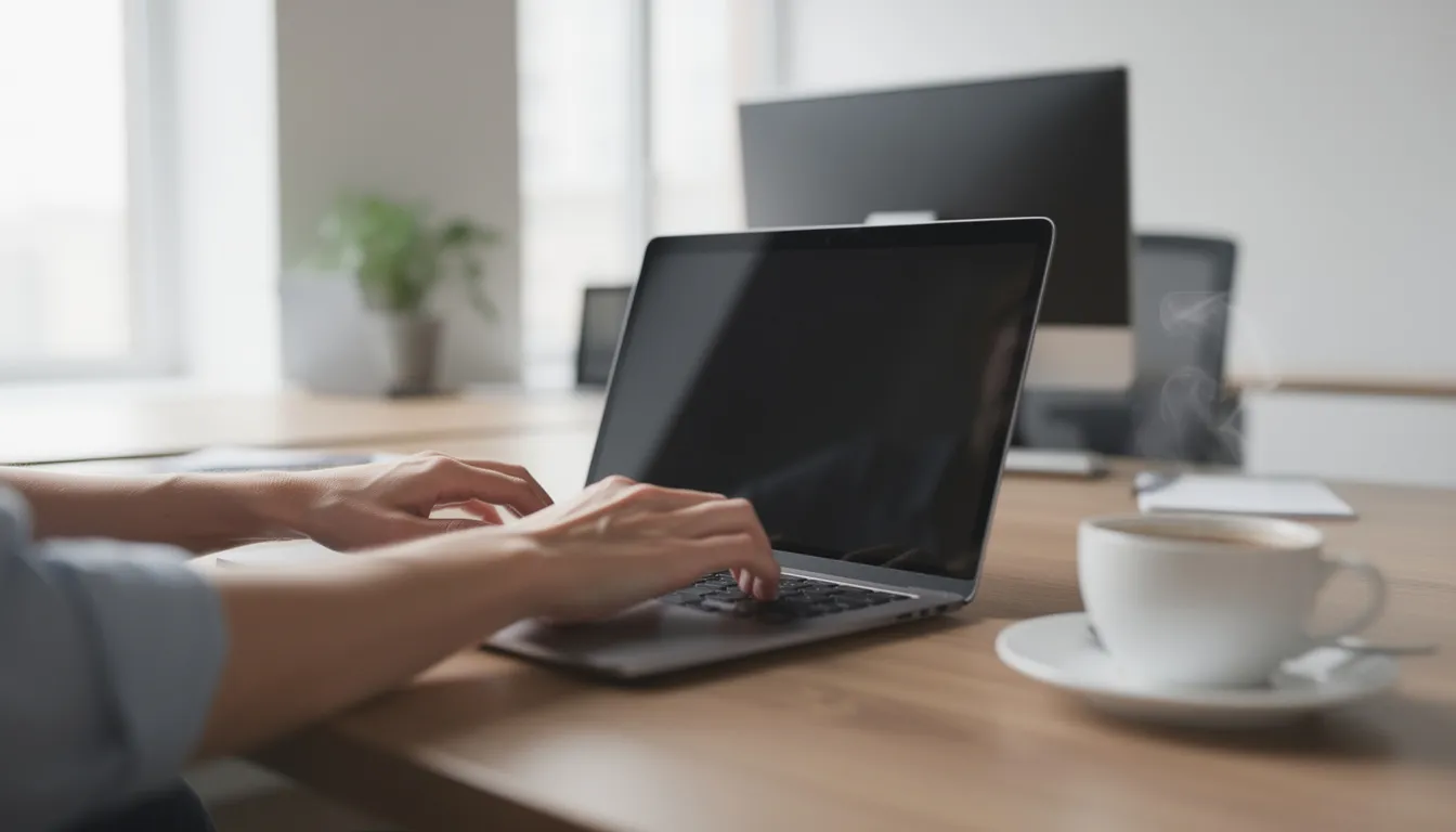 A pair of hands is typing on a laptop in a professional workspace, accompanied by a coffee cup, symbolizing a focused environment for enterprise collaboration. This setting reflects effective communication and task management, essential for successful teamwork and productivity.