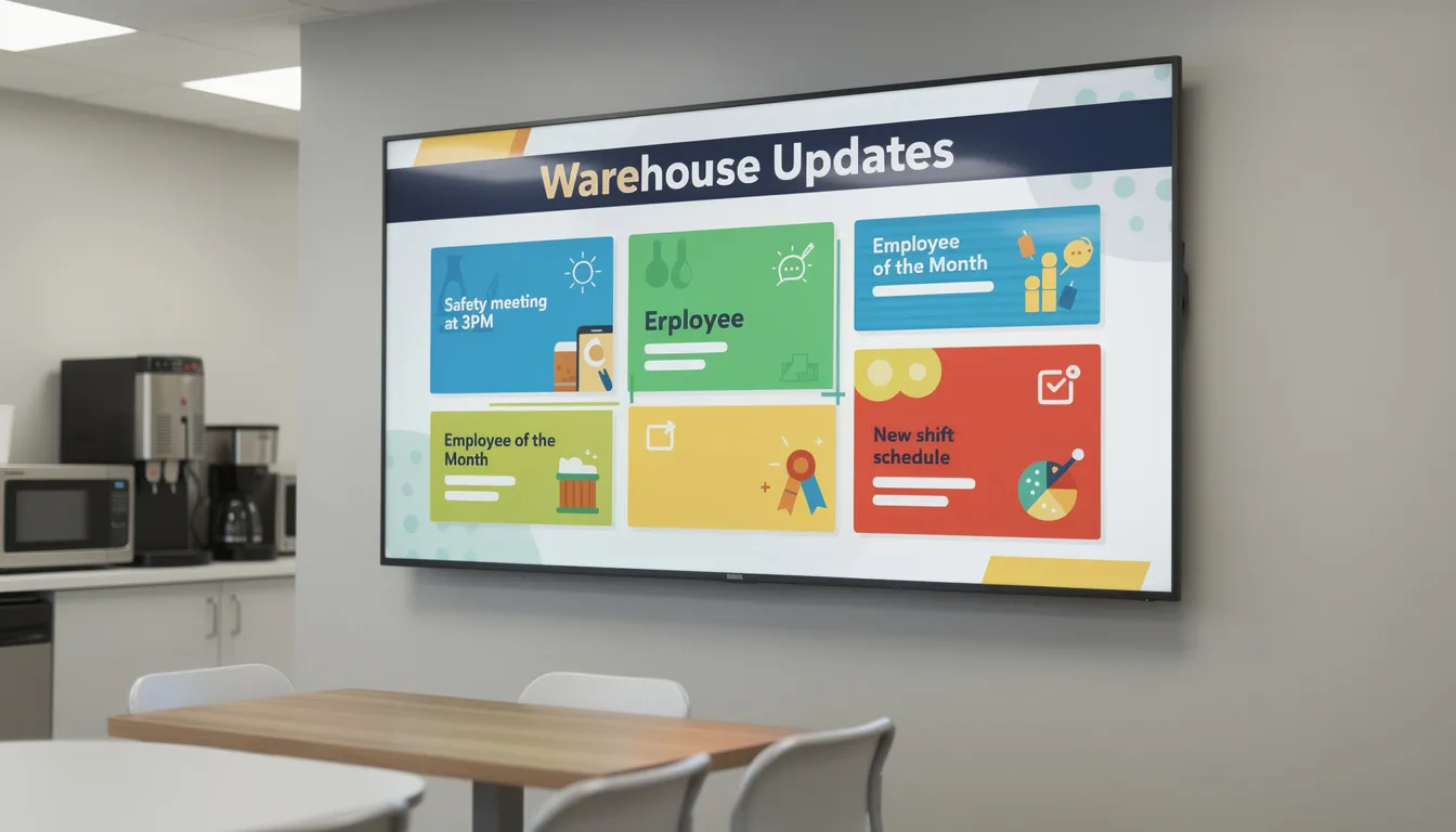 The image shows a vibrant digital display screen in a warehouse break room, featuring colorful announcements that promote employee engagement and enhance company culture through effective communication. This interactive visual content serves as a powerful tool for internal communication, keeping employees informed and connected in a collaborative work environment.