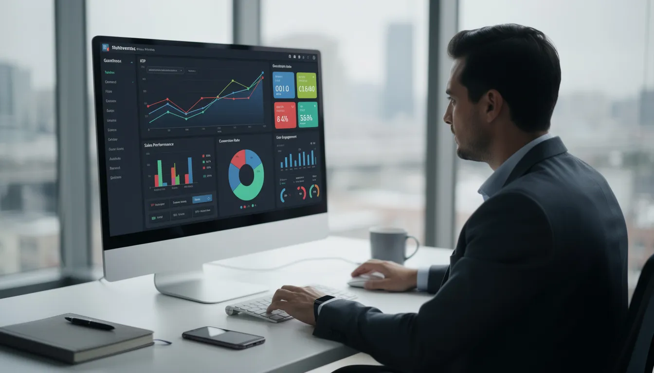 A professional is intently reviewing analytics dashboards on a large monitor in a modern office, focusing on data that provides valuable insights into employee engagement and sentiment. This scene highlights the importance of internal communications teams in analyzing data to enhance corporate communications strategy and improve employee experience.