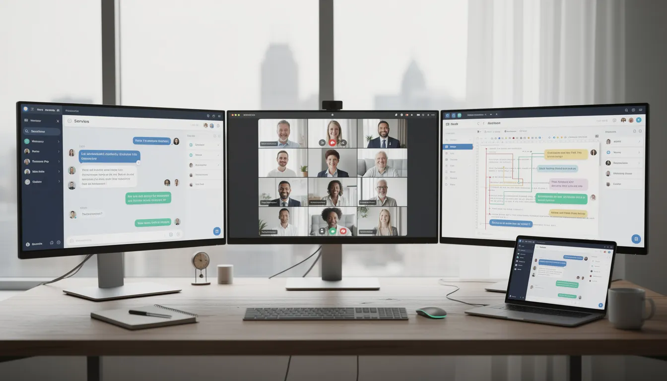 The image depicts a modern office workspace featuring multiple screens that display various internal communication tools, including chat windows for real-time messaging, a video call interface, and document collaboration features. This setup emphasizes strong internal communication and team collaboration, facilitating effective employee engagement and project management.