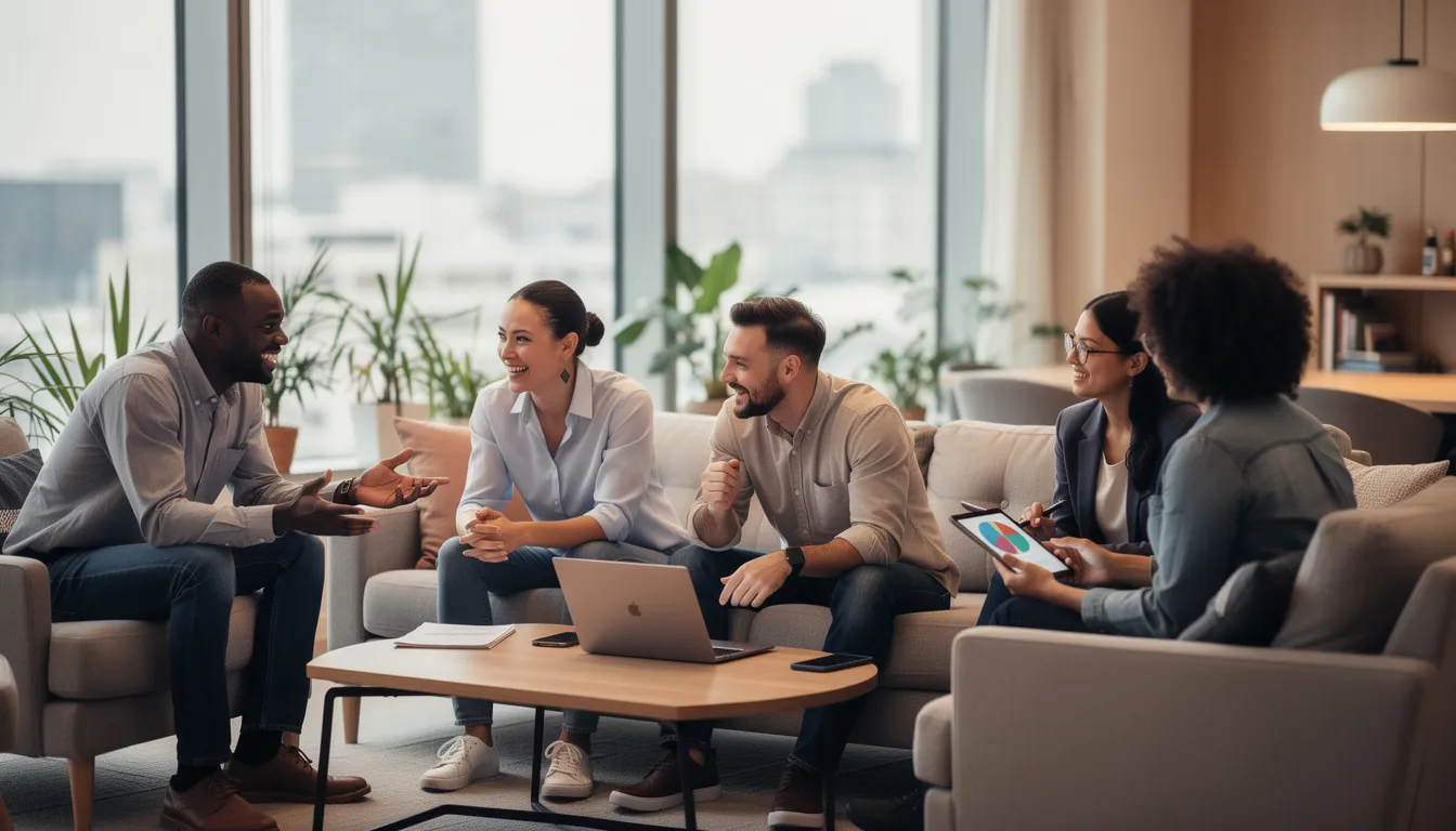 The image depicts a group of diverse employees engaged in a lively discussion within a casual meeting space, highlighting effective internal communications and employee engagement. This collaborative environment fosters valuable insights and strengthens the corporate communications strategy among internal comms teams.