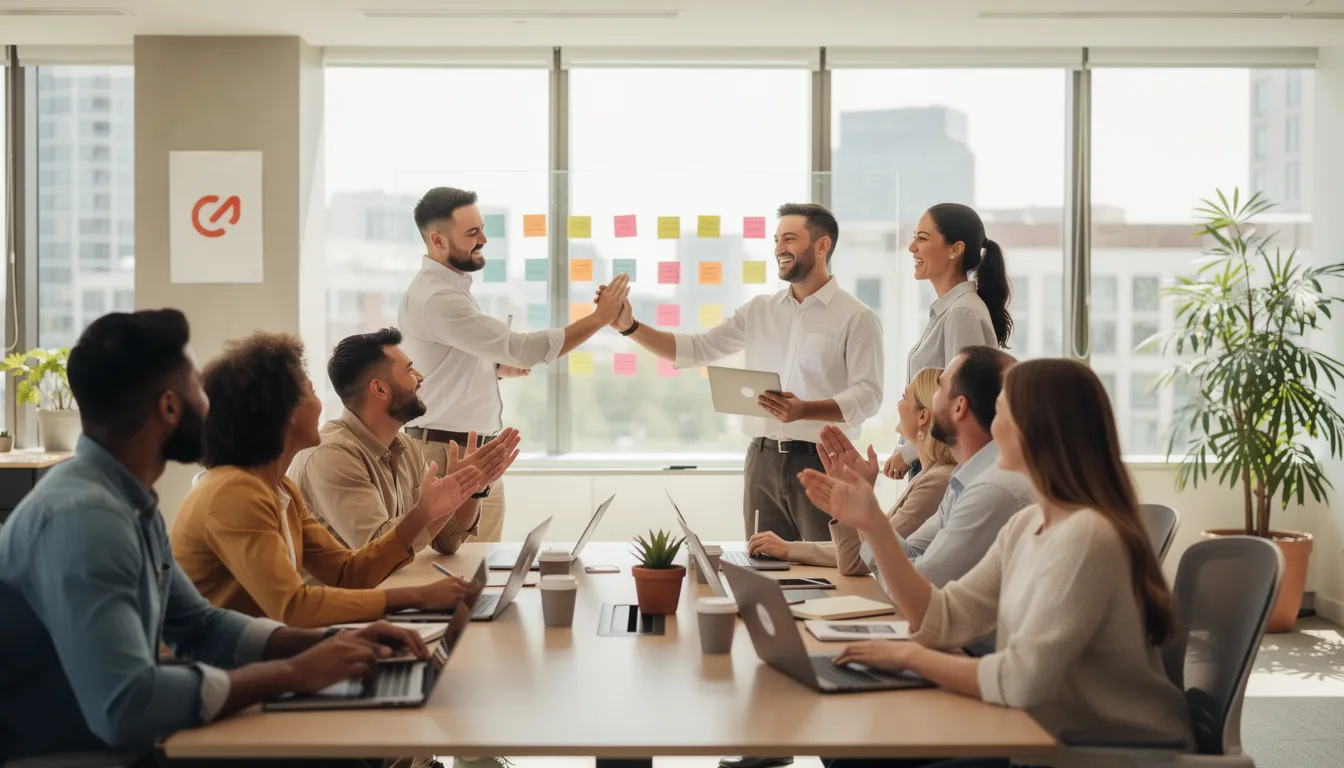 The image depicts employees engaged in a collaborative workspace, showcasing positive interactions that reflect a strong company culture and effective internal communications. This environment highlights the importance of employee engagement and the role of internal comms teams in fostering a supportive atmosphere for collaboration and creativity.