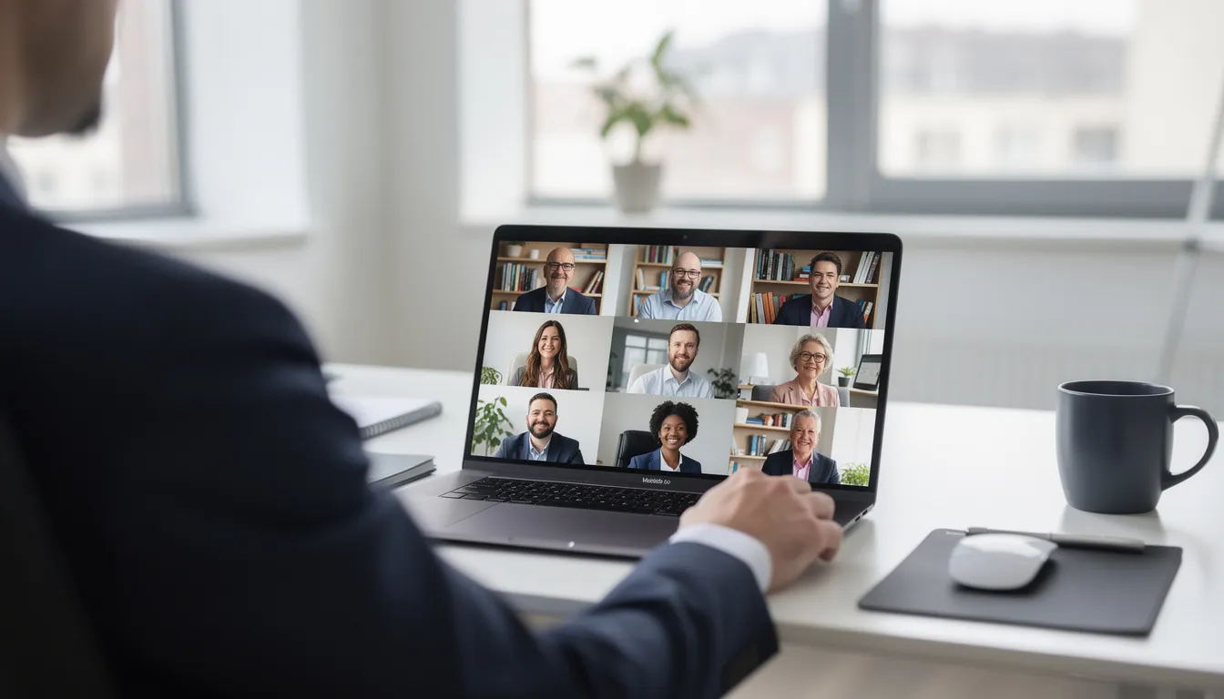 A diverse group of professionals is engaged in a video conference call, with multiple faces visible on the screen, showcasing effective communication and collaboration in a remote work environment. This scene highlights the importance of employee engagement and the role of digital communication in fostering a productive work environment.