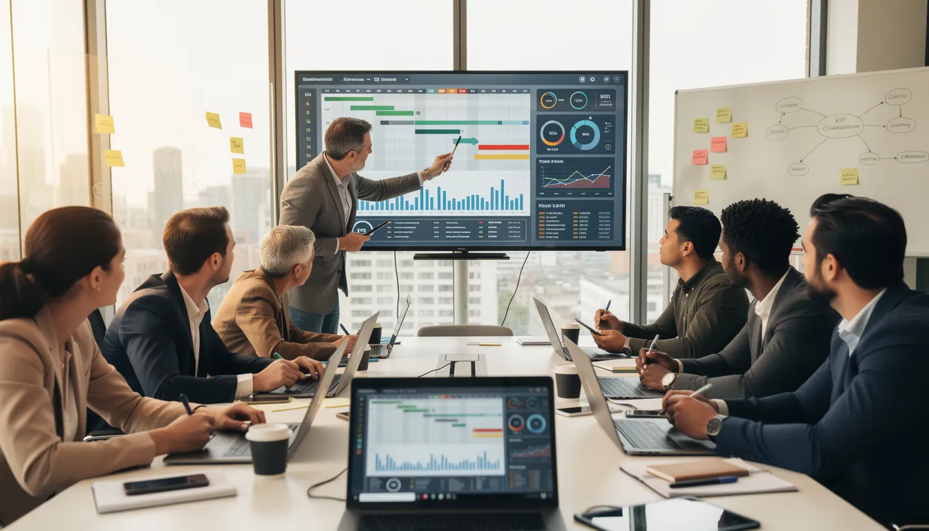 The image depicts a collaborative team meeting where individuals are gathered around screens displaying project timelines and progress charts, emphasizing effective project management and employee engagement. The setting highlights the use of internal communication tools and collaboration features to enhance team alignment and knowledge sharing.