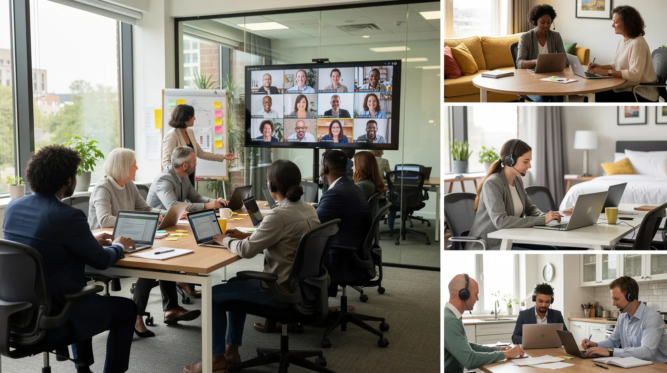 The image features a diverse group of employees working in various settings, including an office and home environments, showcasing how corporate screensaver software can keep remote employees informed and engaged with key corporate messages and important updates. This visual communication highlights the importance of connecting employees, regardless of their location, to drive business objectives and foster a strong company culture.